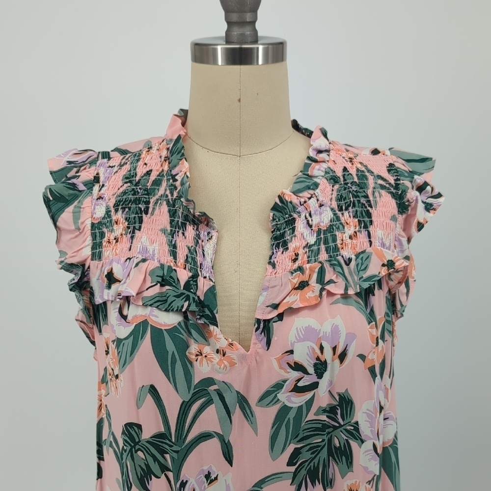 Loft Floral Smock Shift Tunic Dress Pink Green S bohemian cottagecore summer - Picture 3 of 6